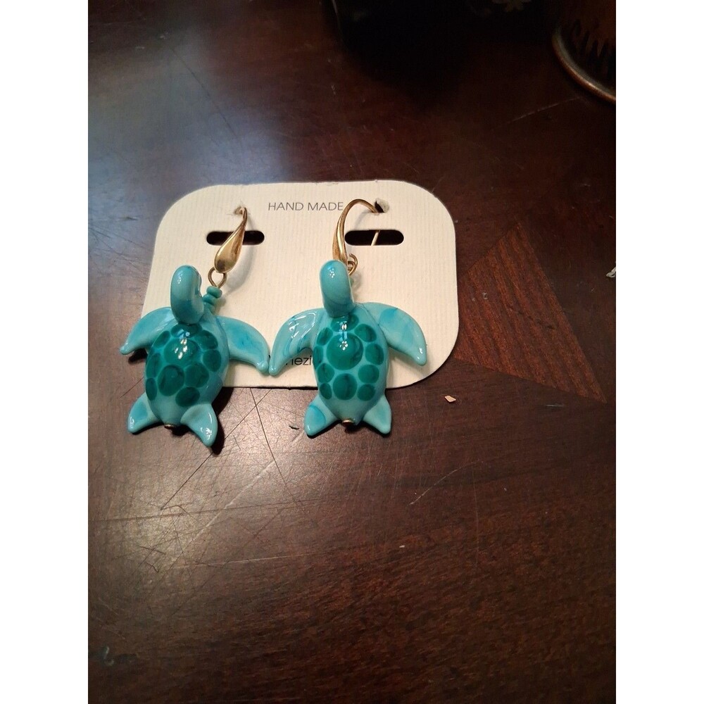 Venetian Glass Turtle Earrings Venezia  Hooks Turquoise & Gold Colored